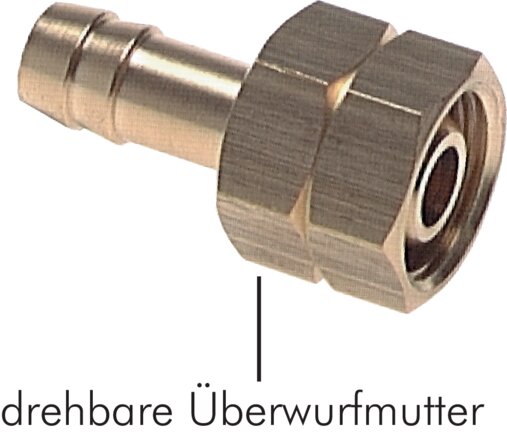 Exemplarische Darstellung: Schlauchtülle mit Überwurfmutter (Linksgewinde), 16 bar Messing